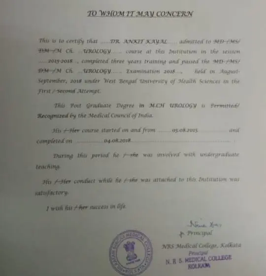 M.Ch Urology degree certificate of Dr. Ankit Kayal